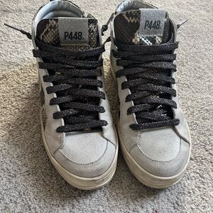 P448 Gray w/ Snake Print Sneakers, Women’s 38 (7.5) High Tops, Inner Zip, Padded